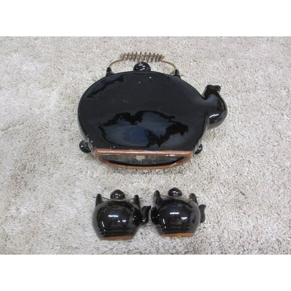 Vintage Wall hangiBlack Ceramic Teapot & Sugar Set With Hand-Painted Fruit Desig - Picture 3 of 4